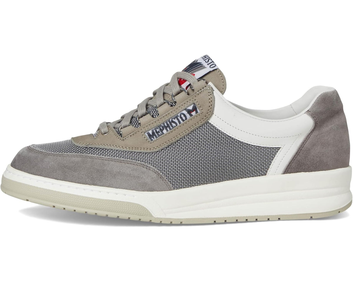 Grey and white lace-up sneakers with suede quarter panels and padded tongue