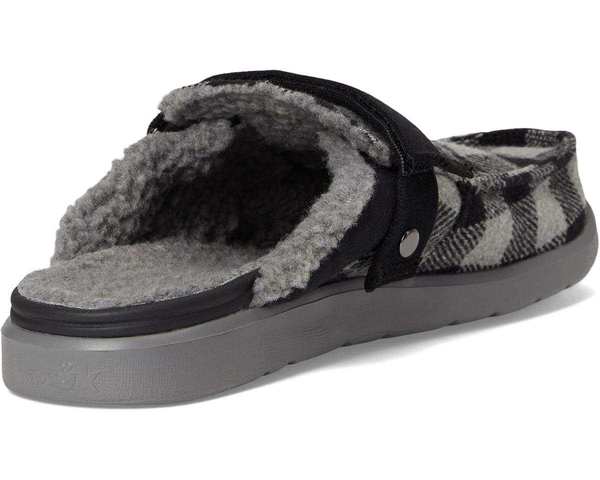 Men's plaid slide sandal showing soft gray fleece lining and black strap
