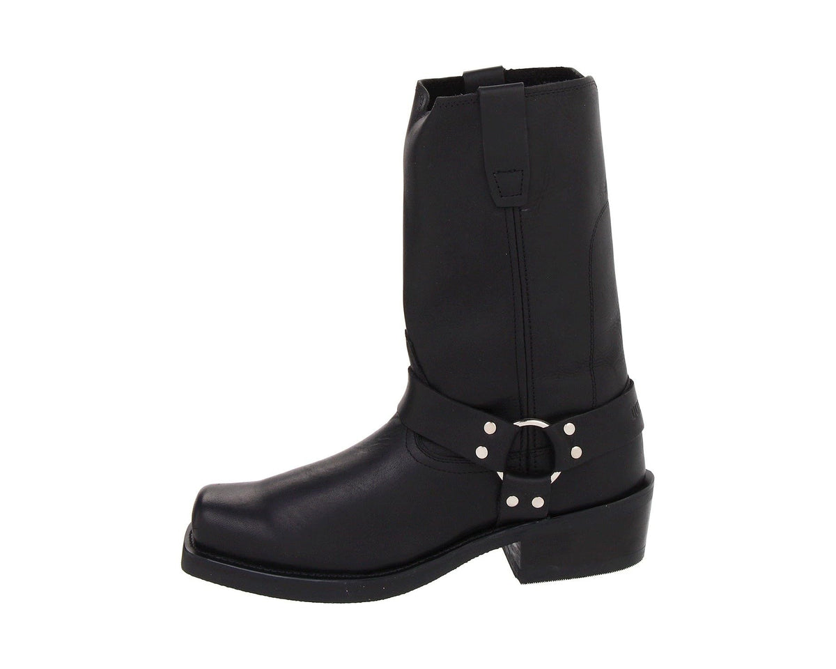 Black cowboy boots with side pull tab, buckle strap at shaft, and block heel.