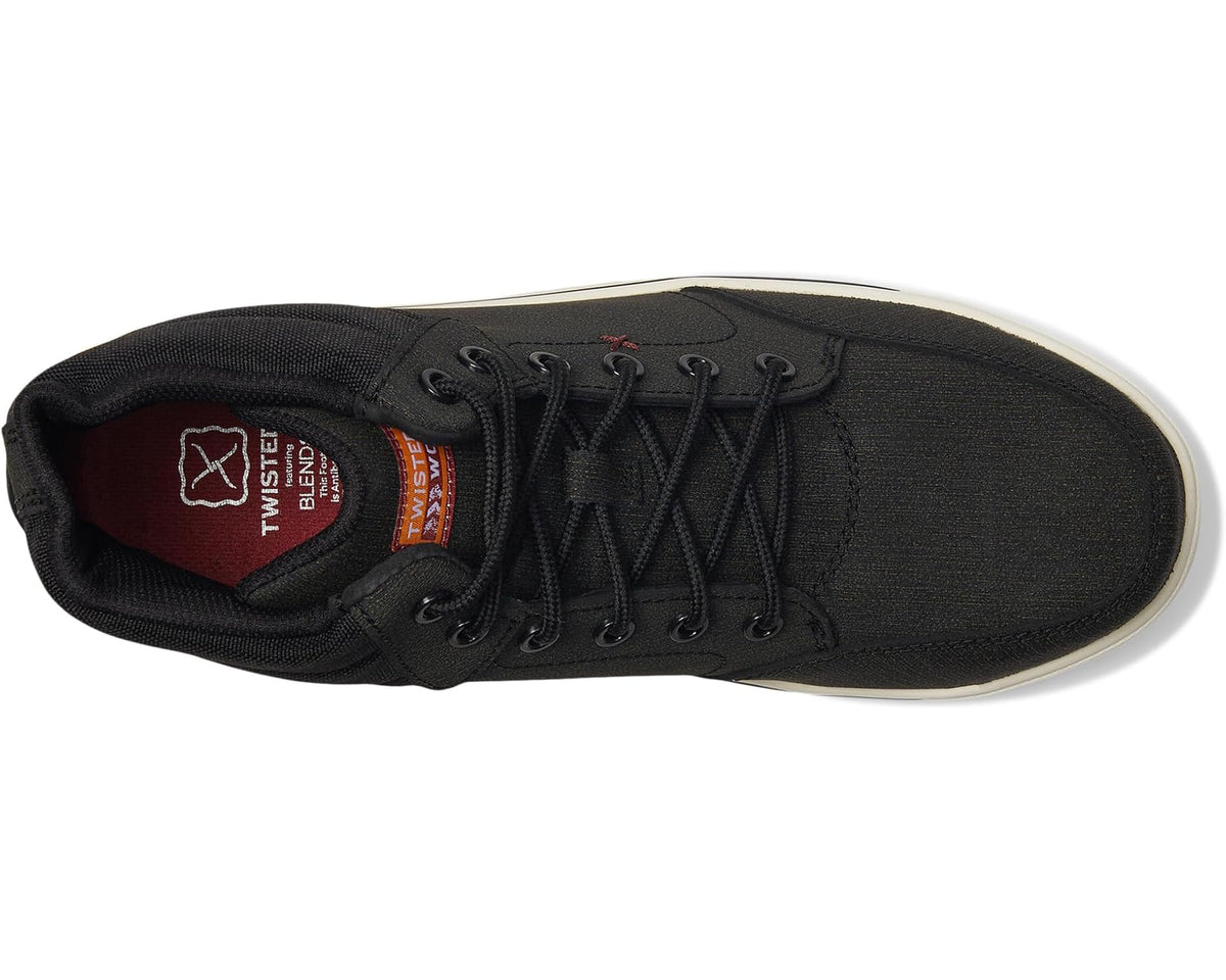 Side view of black lace-up work boot with cushioned collar and padded tongue