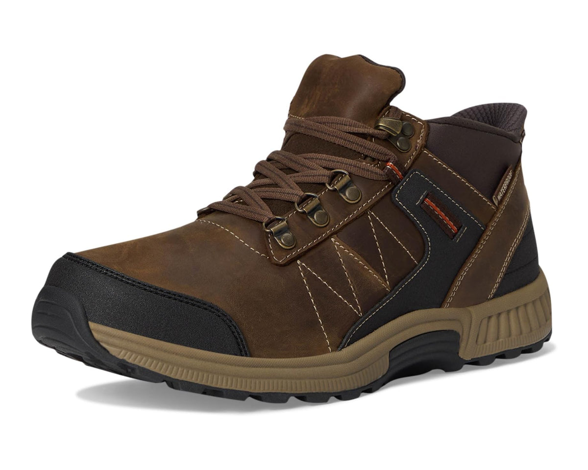 Brown lace-up ankle boot with layered panels, buckles, and grippy outsole