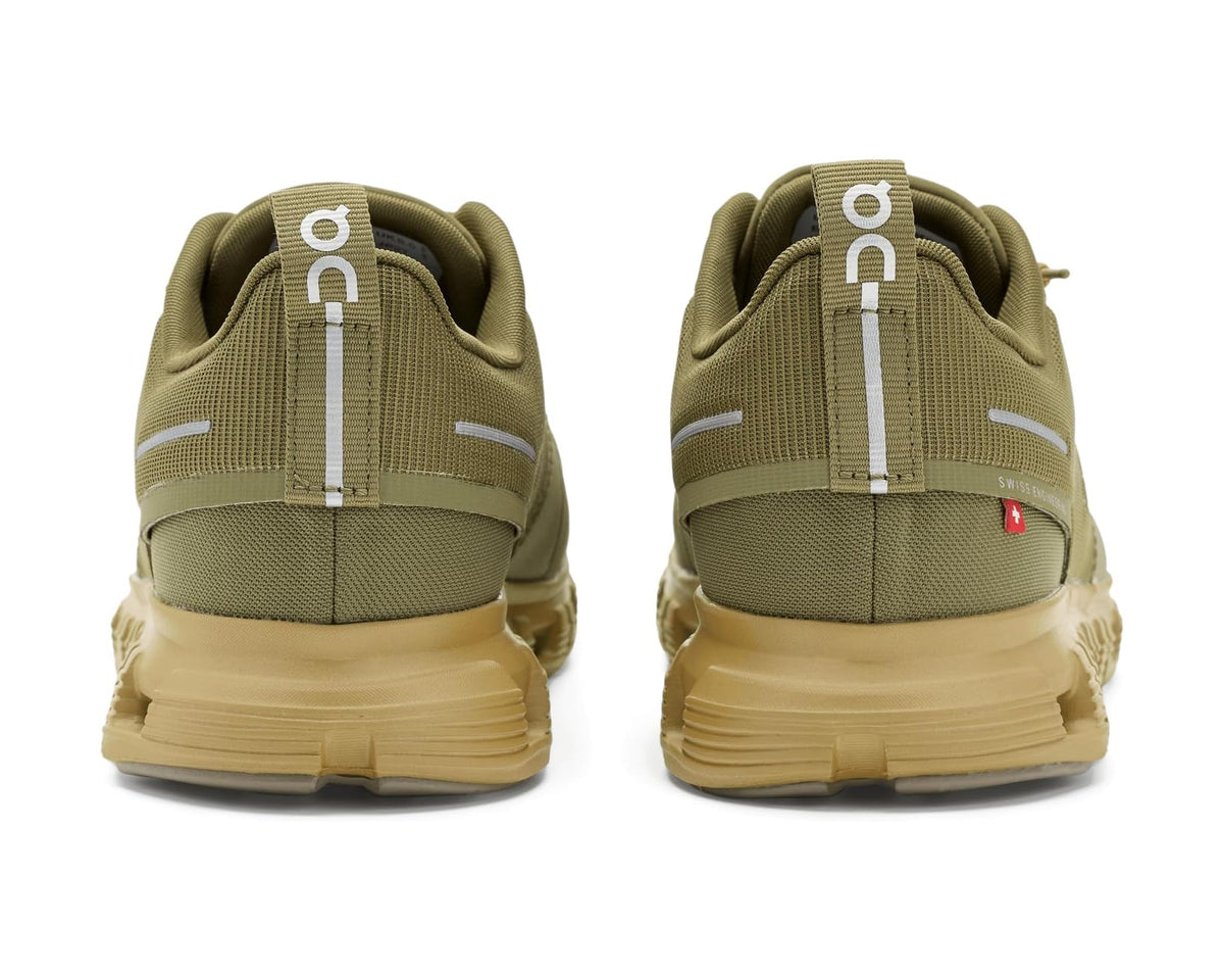 Back view of men's waterproof olive running shoe with heel pull tab and On logo