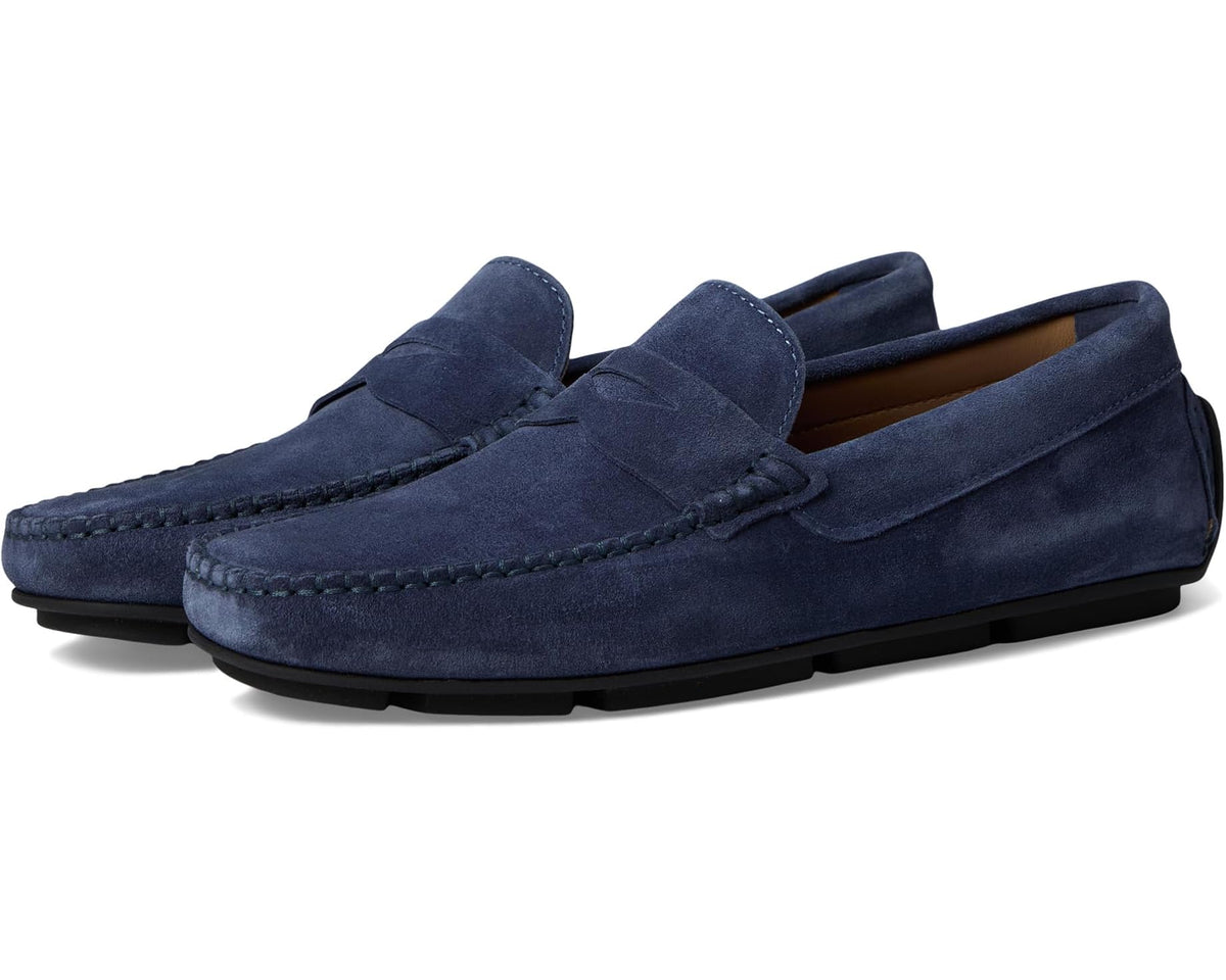 Blue suede men's loafer with penny-slot strap and moccasin stitching