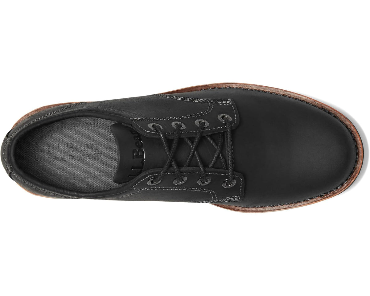 Black leather lace-up plain-toe shoe with padded collar and contrast welt edge
