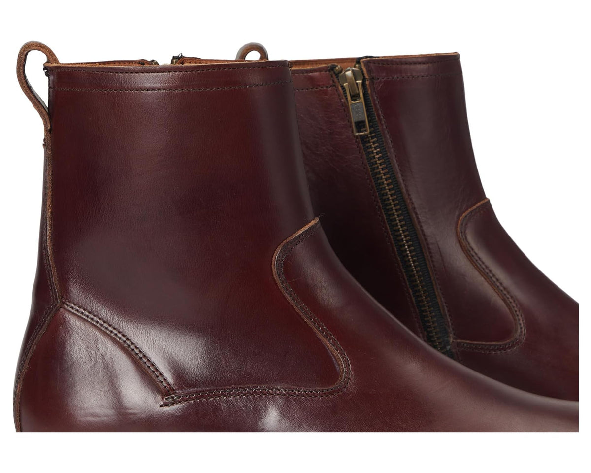 Allen Edmonds Tompkins burgundy leather boot upper with visible zipper and stitching