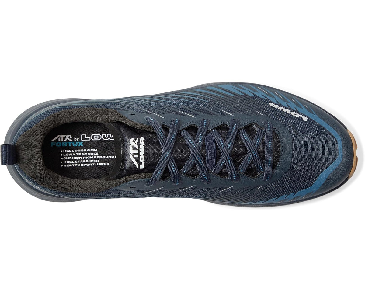 Men's dark navy athletic shoe with blue accents and lace-up mesh upper