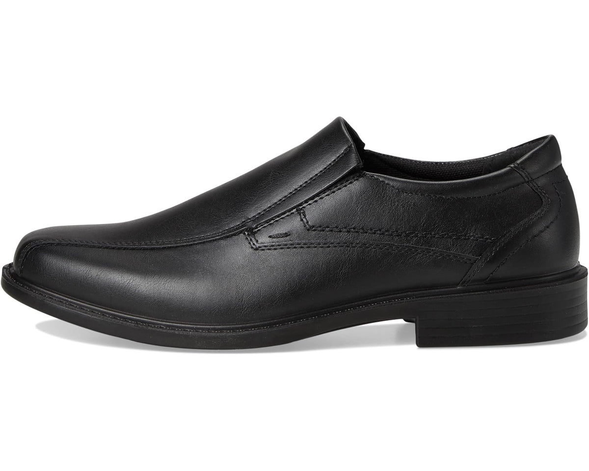 Black slip-on dress loafer with side seam stitching and low heel