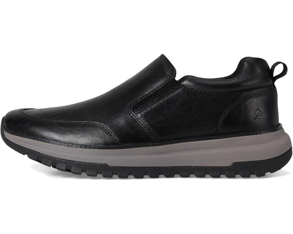 Men's black leather slip-on boot with seam details and rounded toe