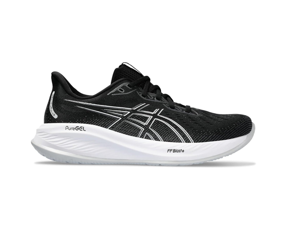 Men's ASICS GEL-Cumulus 26 running shoes, black knit with PureGEL logo on midsole