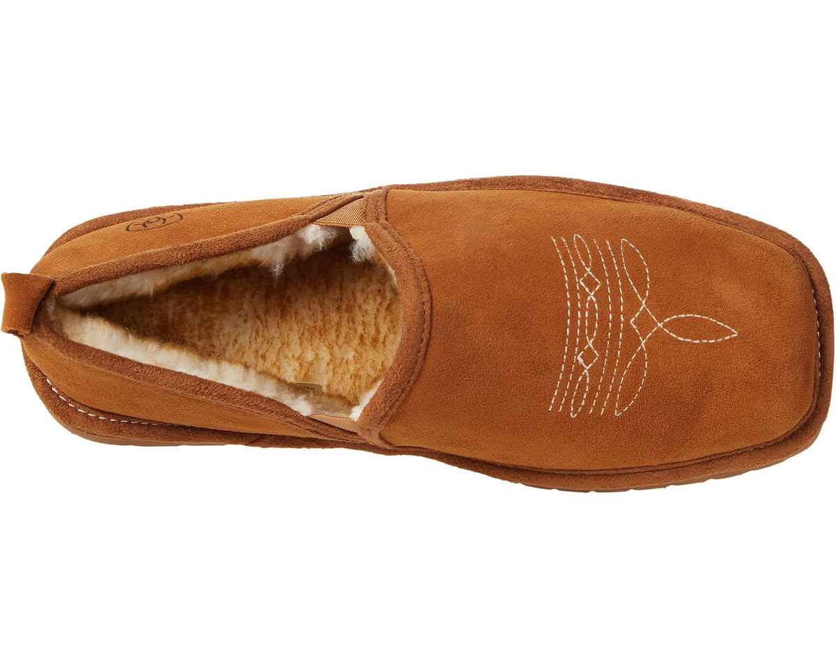Ariat Lasso suede slip-on shoes in chestnut, side view with sherpa-lined interior