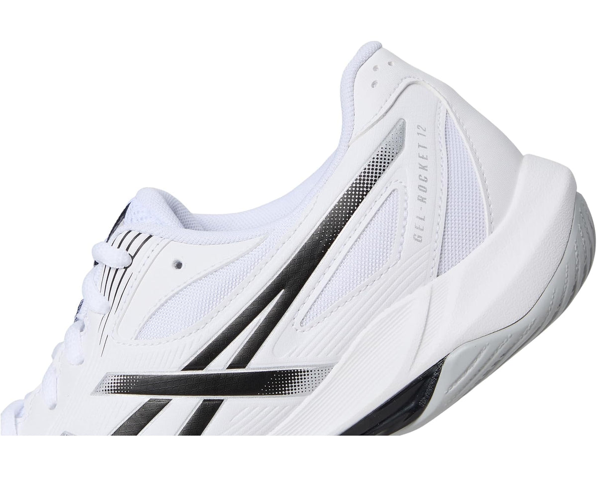 Men's ASICS Gel-Rocket 12 close-up, white upper with black stripe and stitched panels