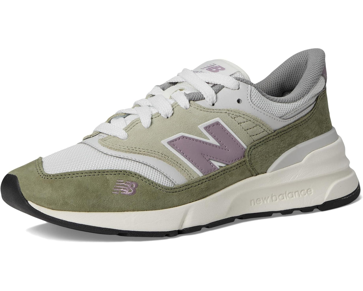Unisex New Balance 997R sneakers with white mesh, olive panels, and black outsole