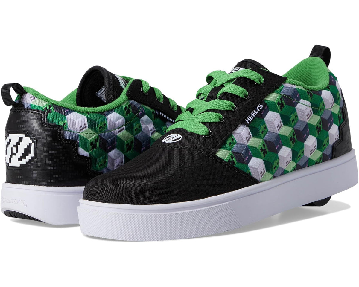 Men's Heelys skate shoe in black with green laces and white/green graphic panels, wheels sole