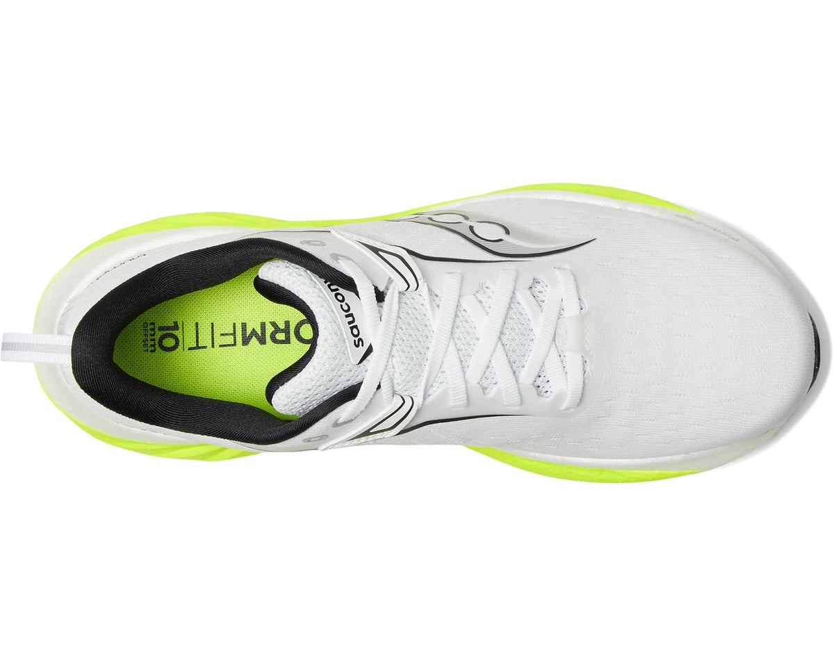 White and citron men's running shoe with black lining and lace-up upper detail view
