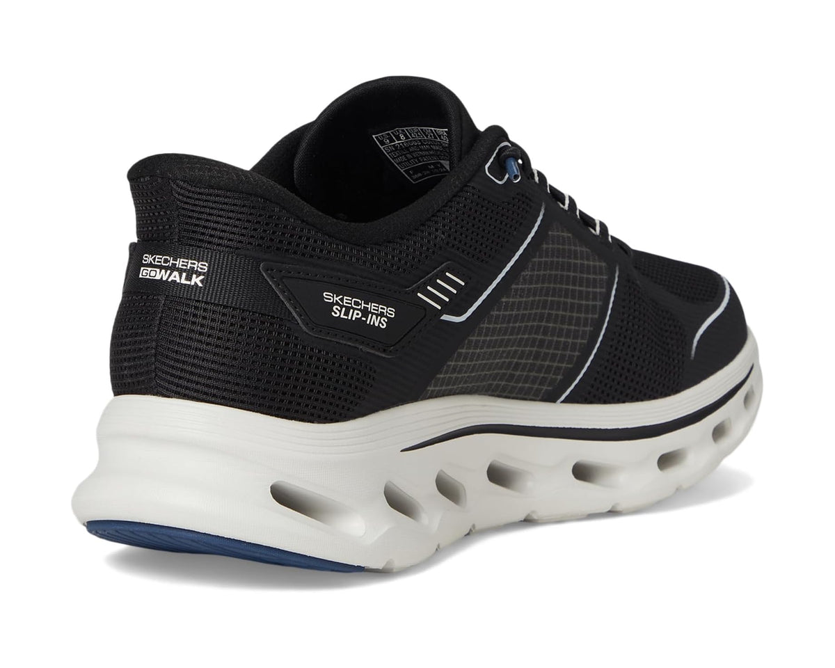 Black slip-on athletic shoe with mesh upper, logo heel tab, and white midsole