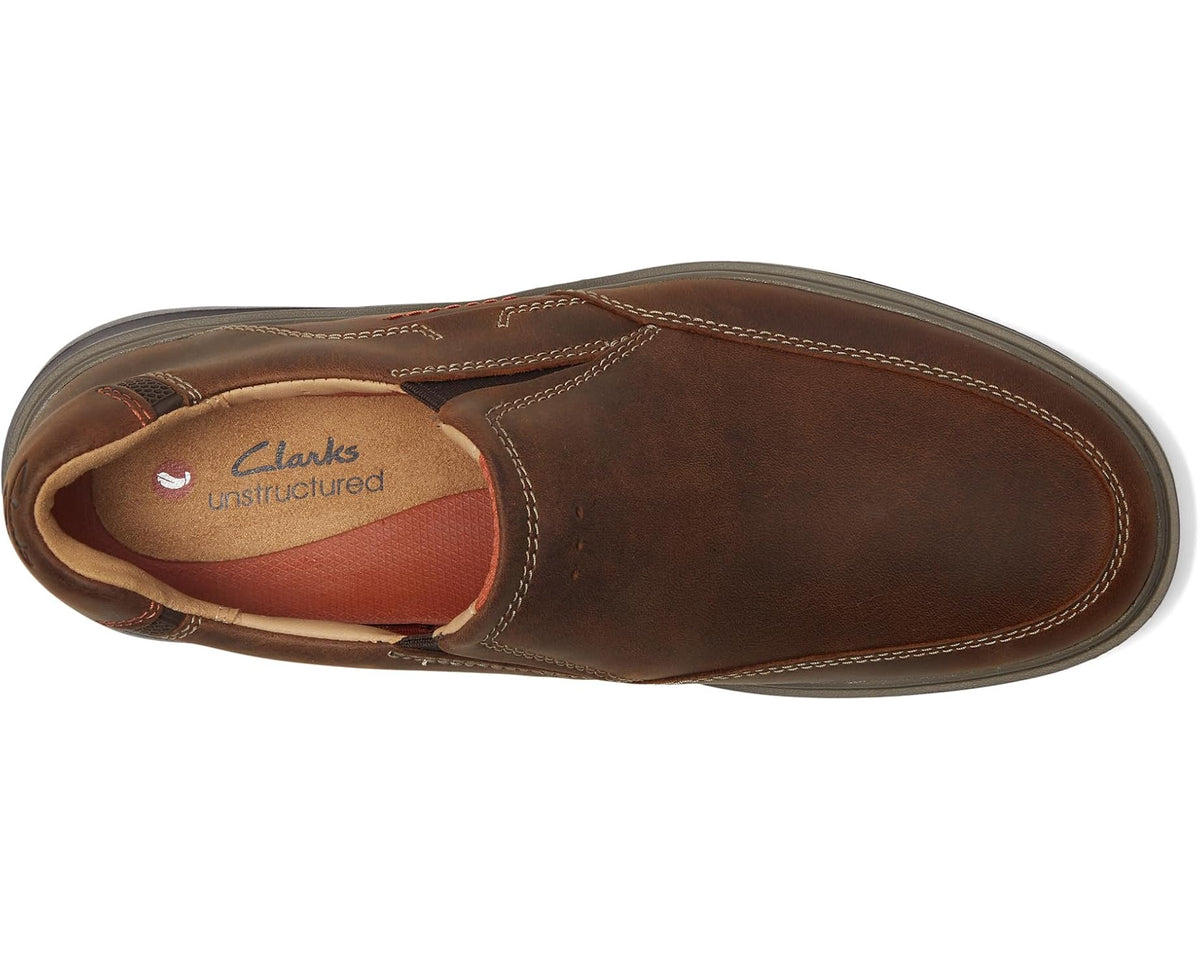 Men's brown leather slip-on loafer with branded insole, side view