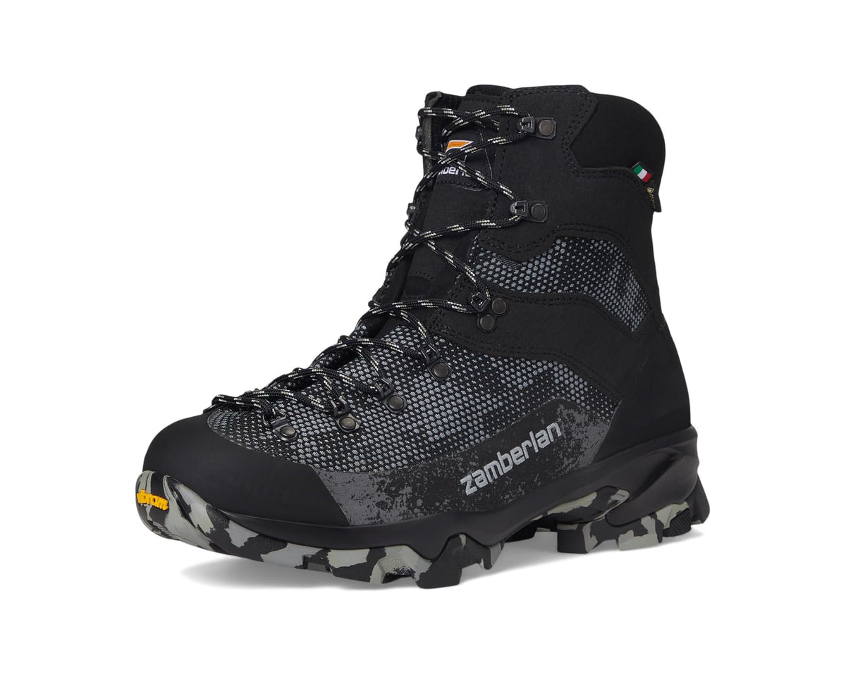Men's Zamberlan hiking boot, black shark camo upper, lace-up with chunky lug sole