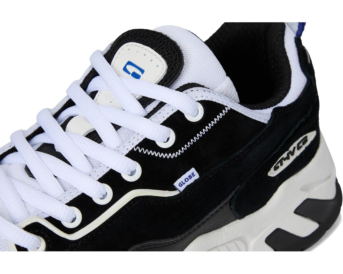 Black sneaker upper with white laces and small tongue label detail