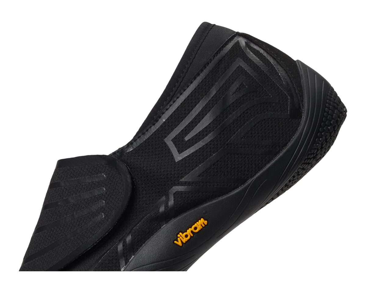 Black five-toe Vibram Groundplay upper with molded pattern and stitch lines