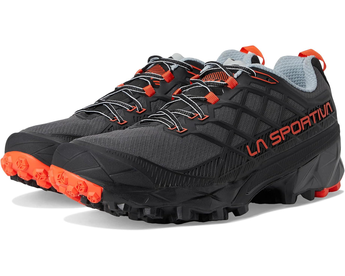 La Sportiva trail running shoe, black mesh upper with orange-red accents and tread outsole