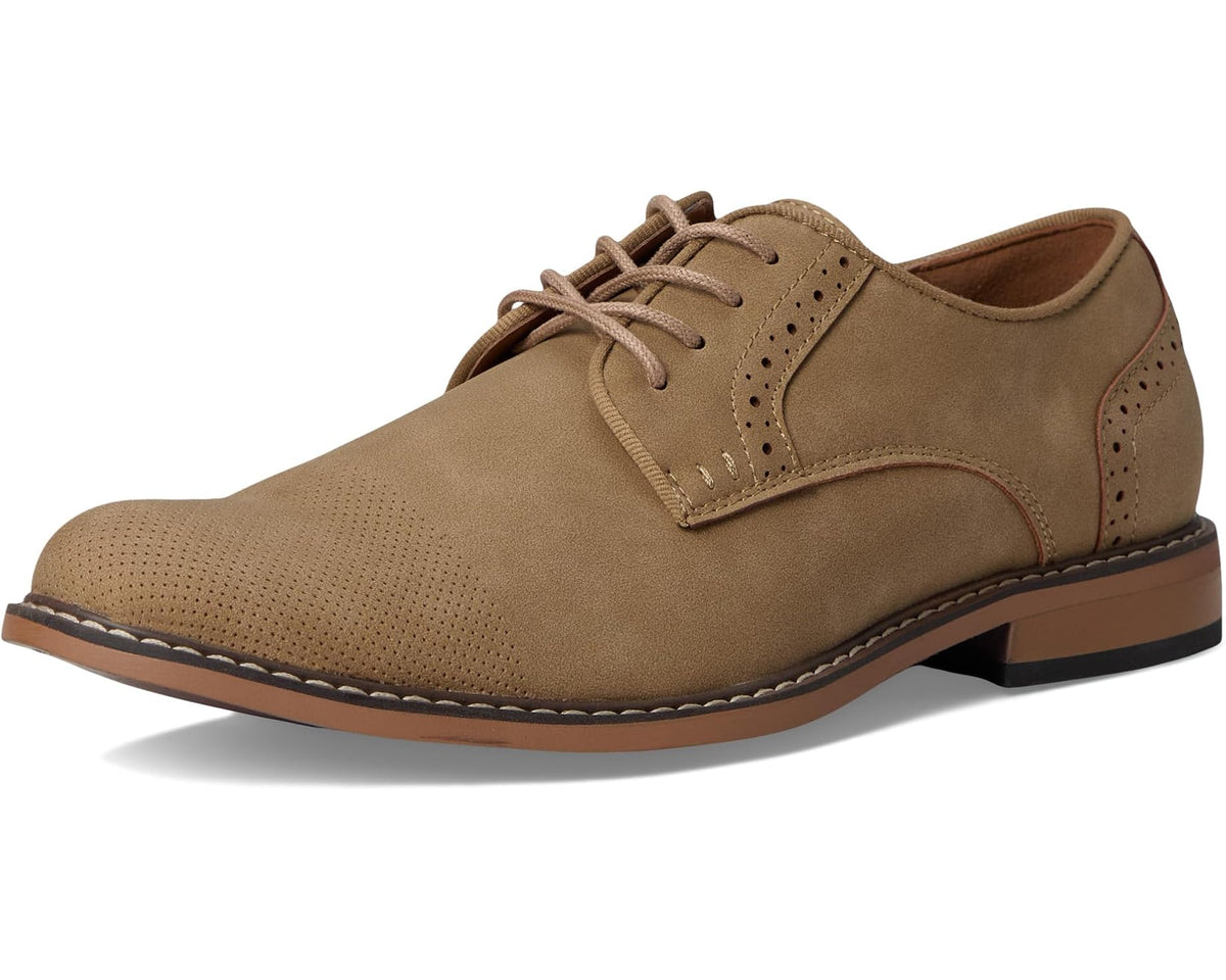 Men's taupe lace-up oxford shoe, angled view with rubber sole