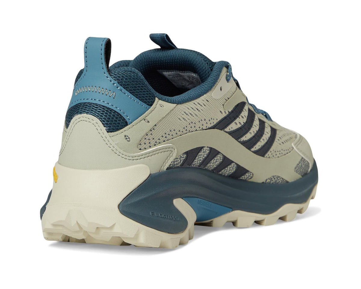 Men's Merrell back view sneaker in tan and blue with heel pull tab and lug outsole