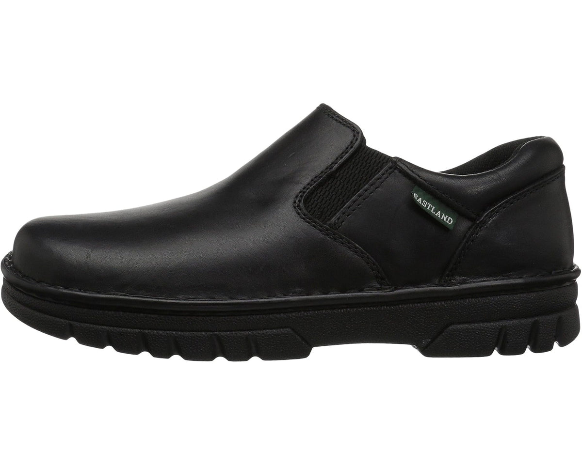 Black leather slip-on shoes with side gusset panels and padded collar