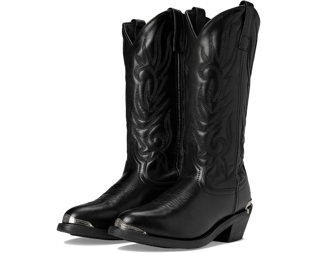 Men's black cowboy boots with western stitched shaft and pull tab