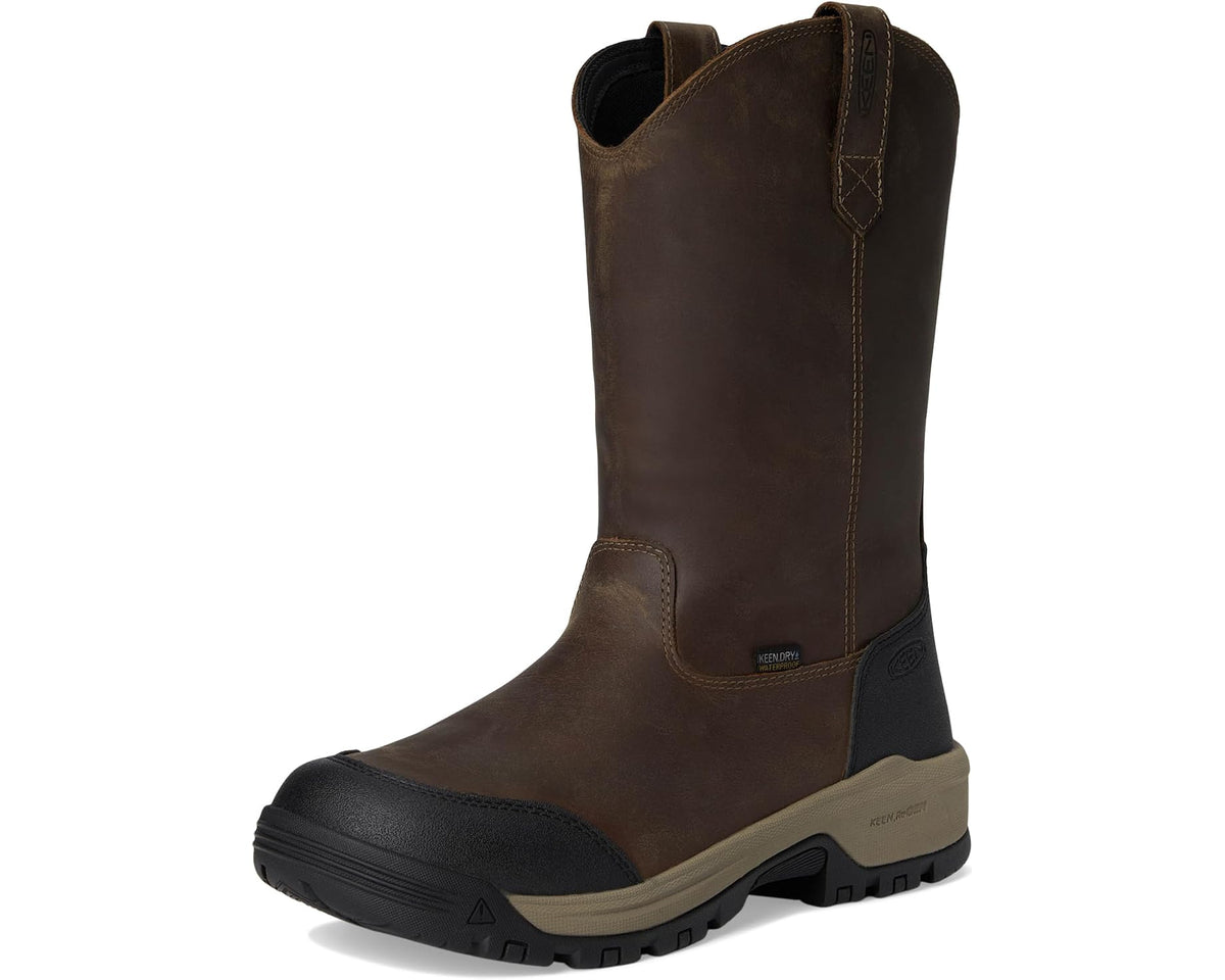 Brown waterproof pull-on boot with black toe, side pull tab, and treaded sole