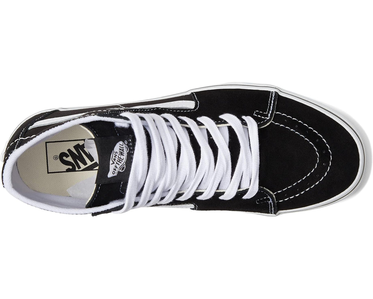 Vans high-top sneakers, top view of black upper with white laces and lining