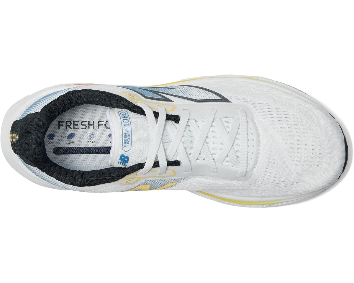 White sneaker with white laces, blue lining, cushioned collar and tongue