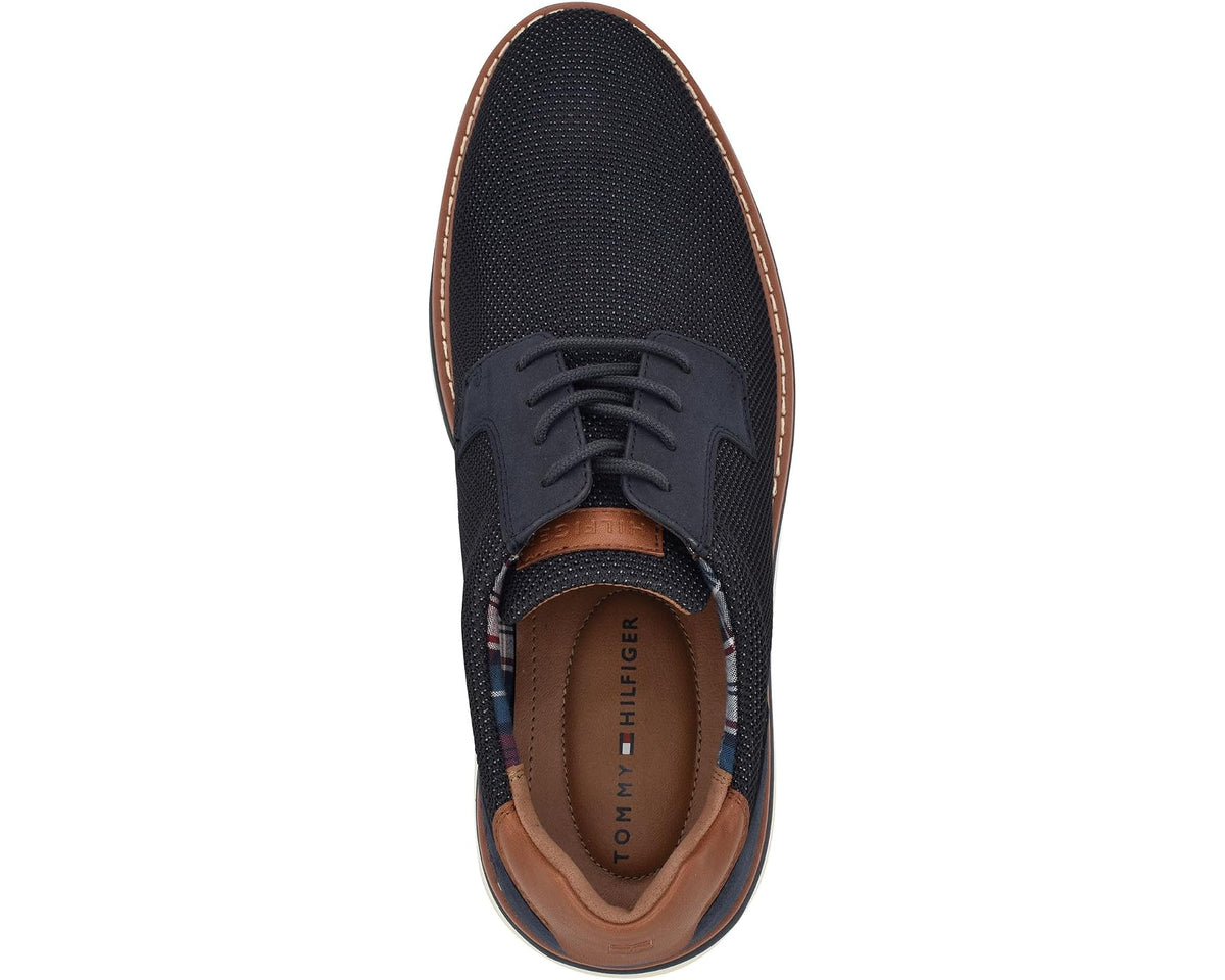 Men's Tommy Hilfiger lace-up sneakers, navy knit upper with tan lining and rubber sole