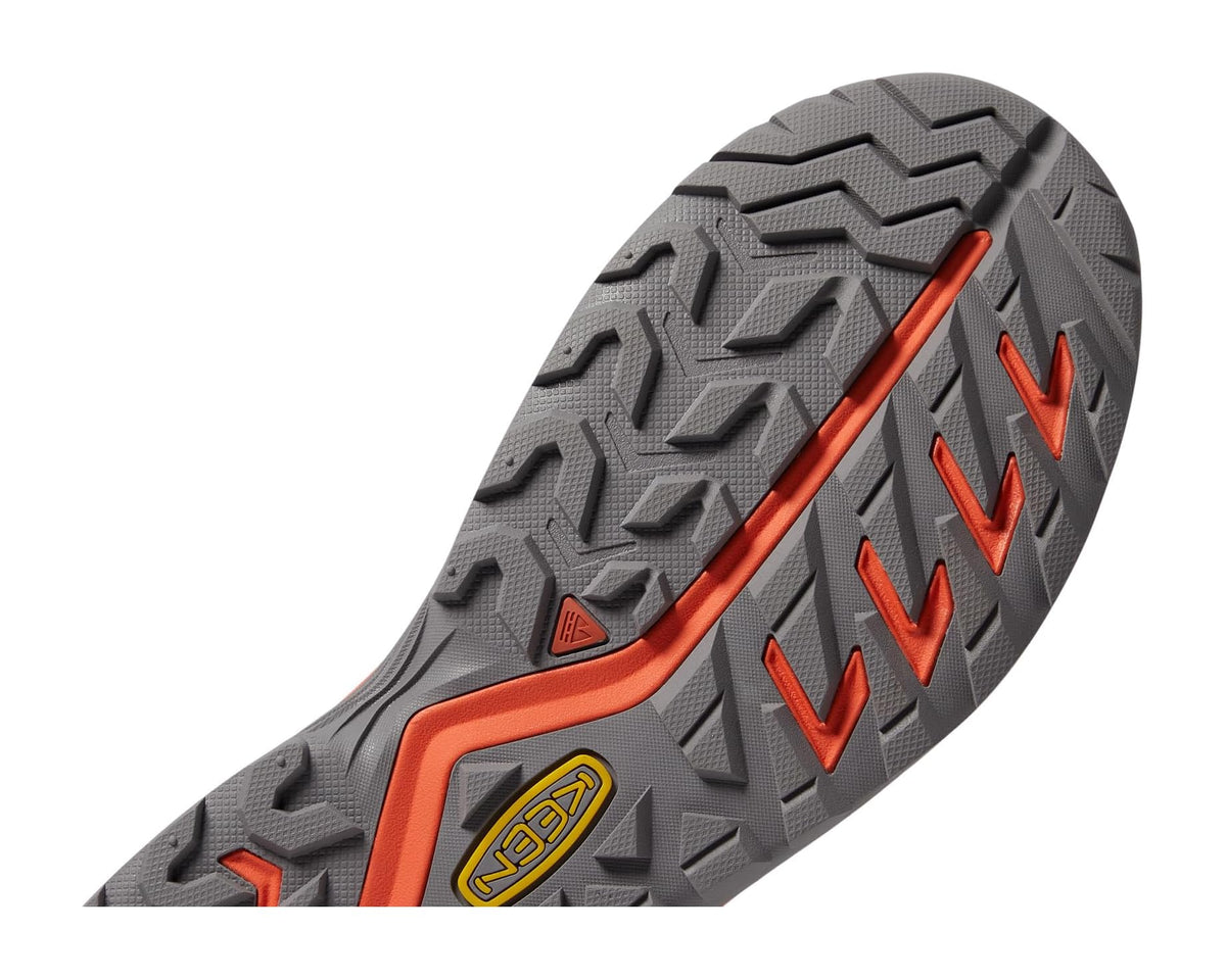 KEEN men's shoe outsole tread in gray with orange edge detailing