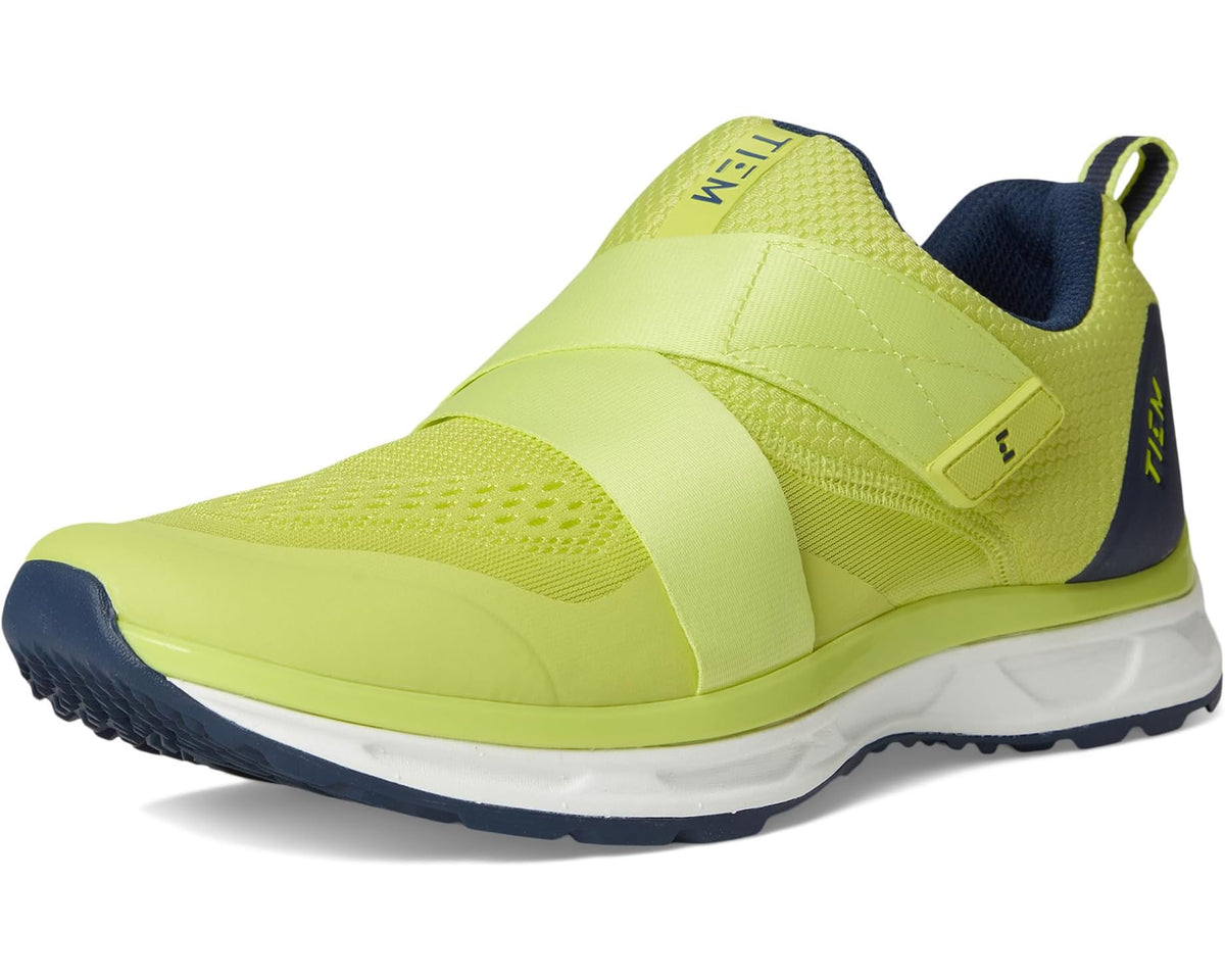 Slipstream cycling shoe front angle, citron green upper with navy collar and side logo