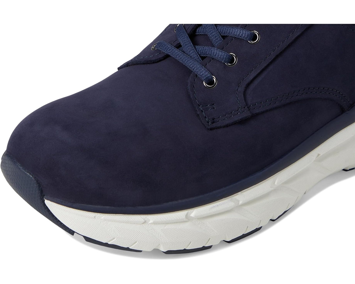 Men's navy suede sneaker upper with lace eyelets and cushioned sole