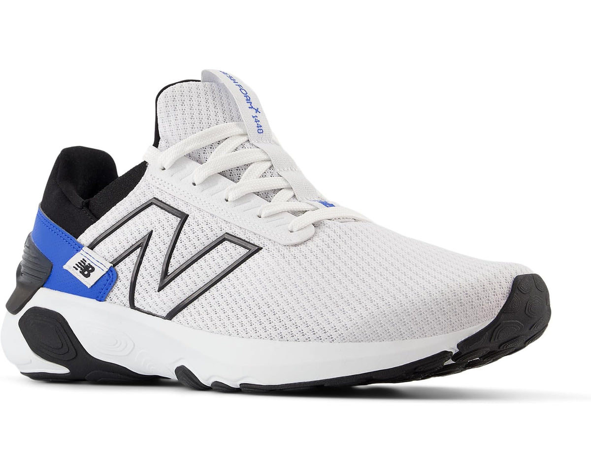 Men's New Balance running shoe, white mesh with black N logo and blue heel tab