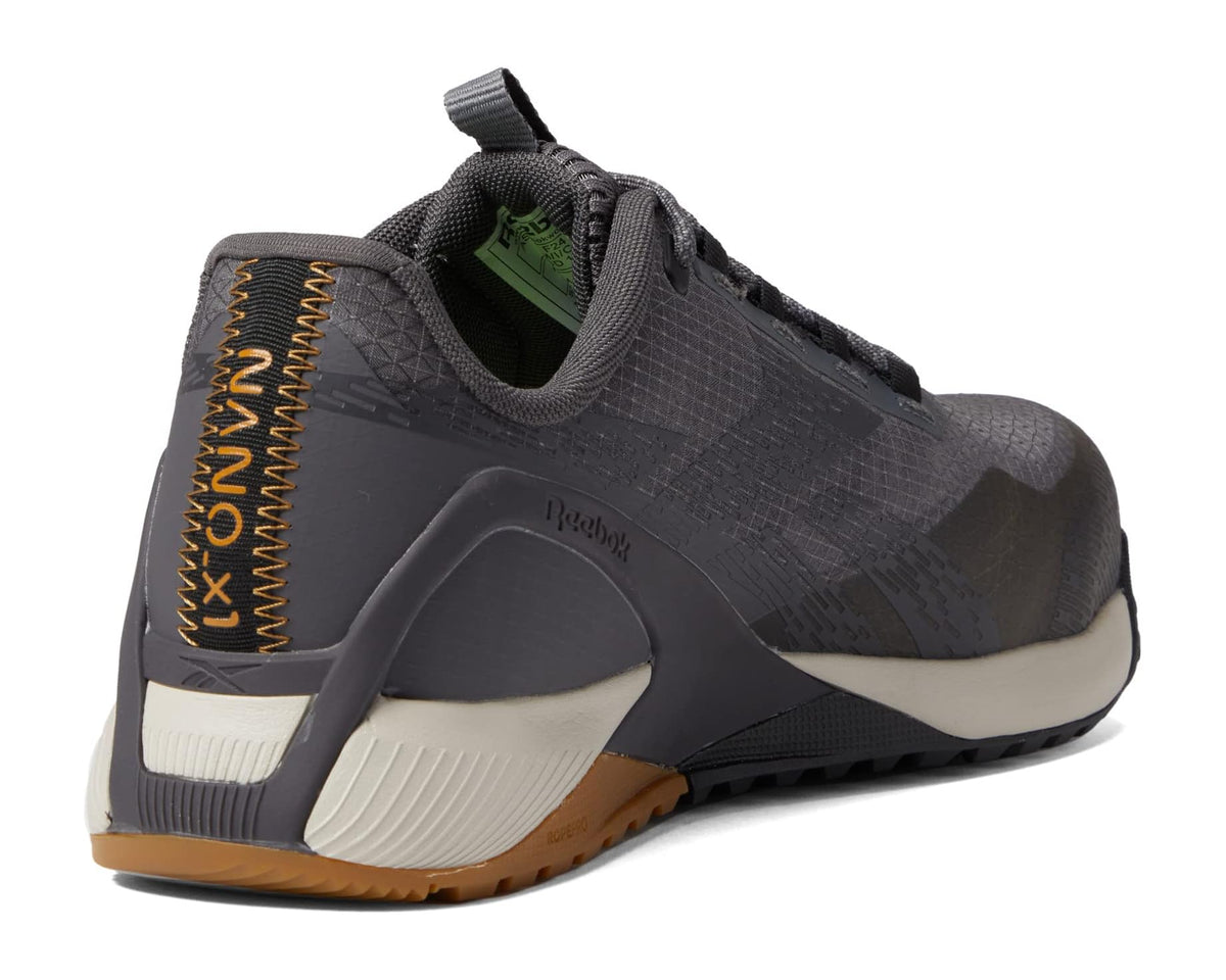 Men's Reebok work shoe, grey/black heel with cushioned collar and green lining