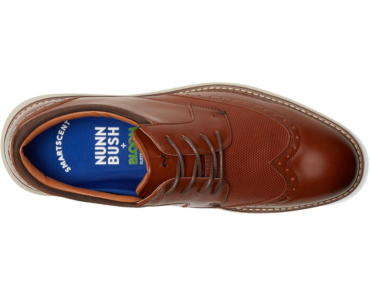 Men's cognac shoe interior showing NUNN BUSH logo insole and blue lining