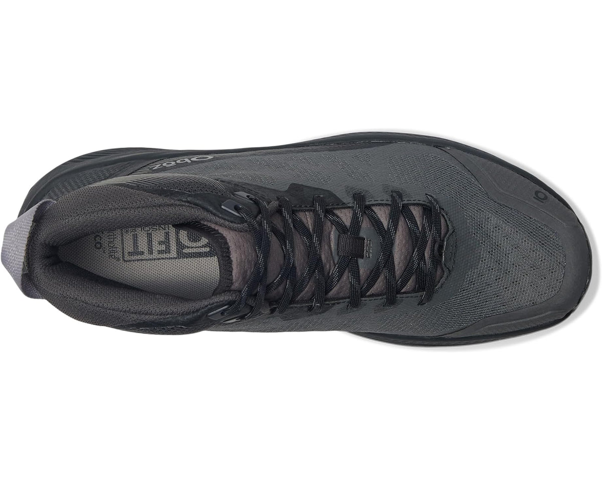 Men's mid hiking boot, charcoal gray, lace-up with padded collar and Oboz text