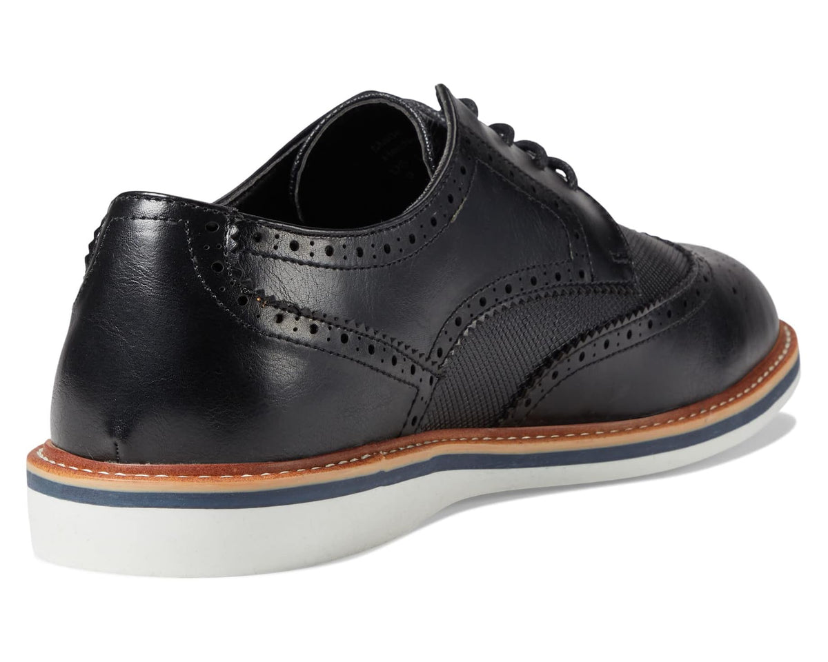 Men's black lace-up oxford shoe with rear heel and orange-brown welt