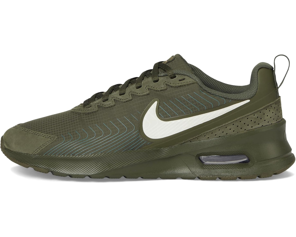 Men's Nike Air Max Nuaxis premium cargo sneaker side view with white swoosh and air sole