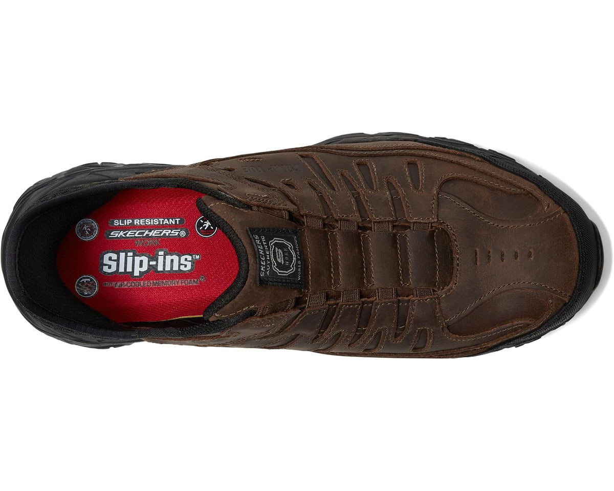 Men's brown work sneaker, side view with padded collar and Slip-Ins logo