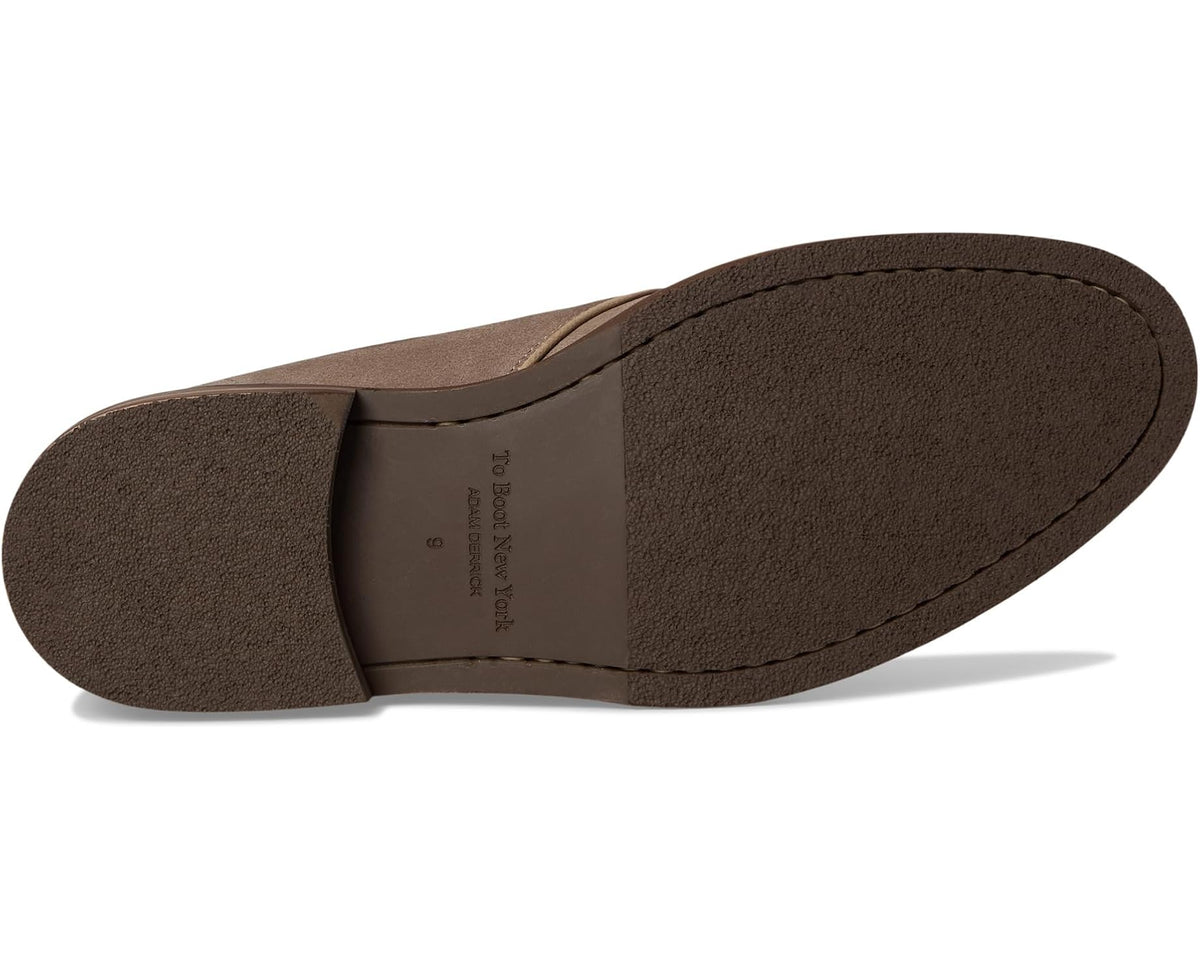 Suede chukka boot outsole view, slate-brown with heel tread