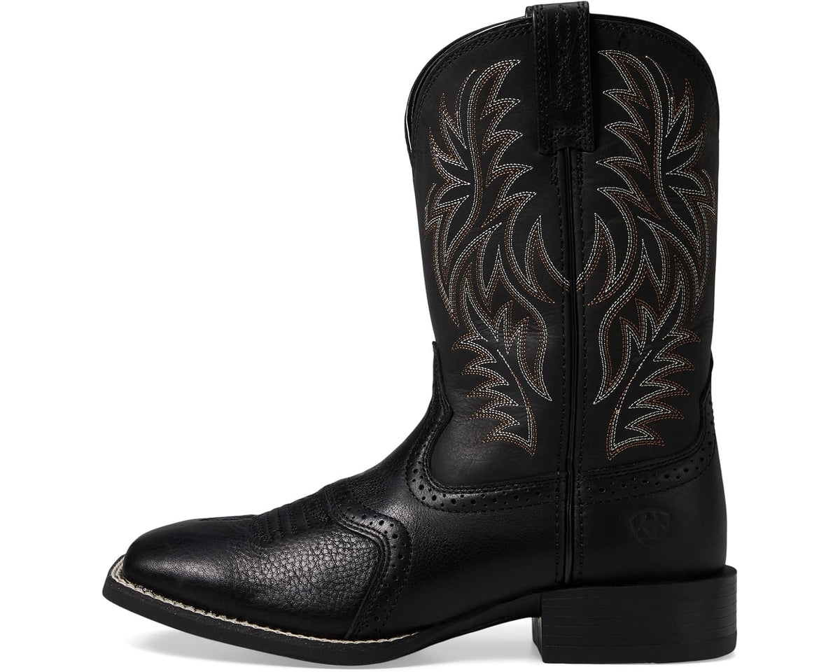 Men's black western boots with square toe and detailed leaf embroidery