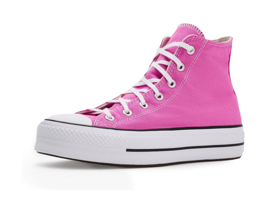 Women's Converse high-top platform sneakers in shocking orchid with white laces and sole