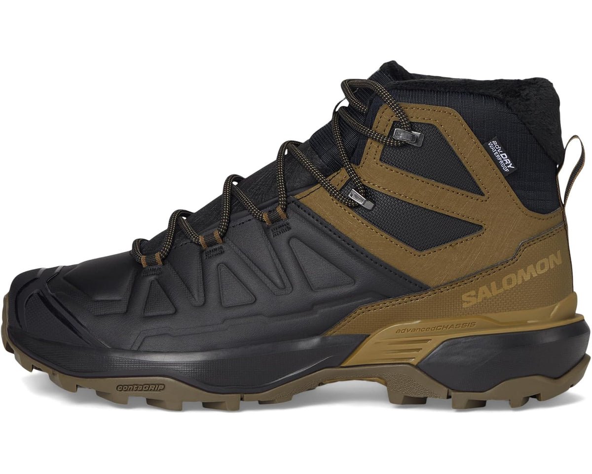 Salomon men\u2019s snow hiking boot, front-quarter view in black and olive with logo