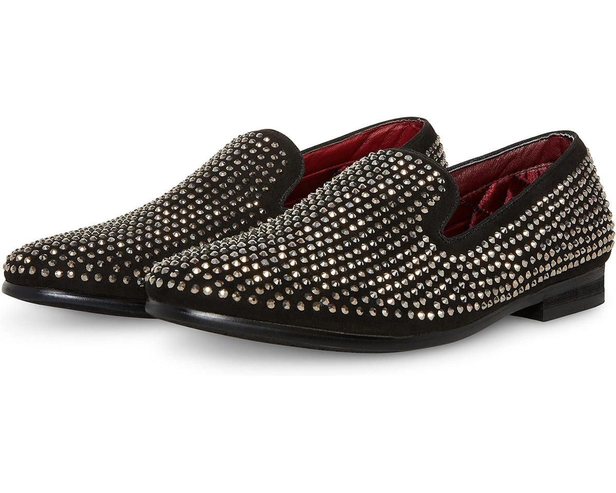 Rhinestone slip-on loafers with black rubber sole and moc-style stitching