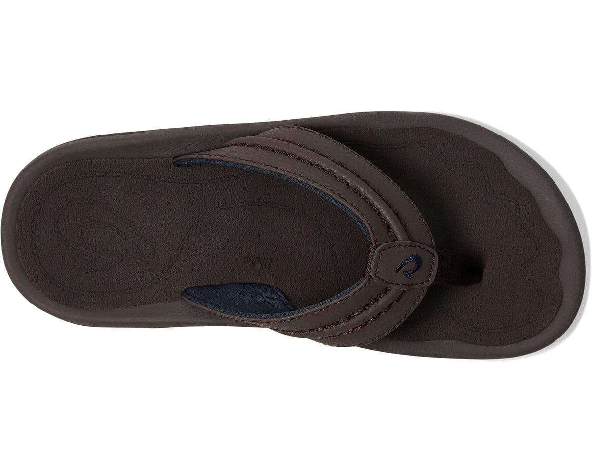 OluKai men’s dark brown flip-flop sandal with padded footbed and logo detail
