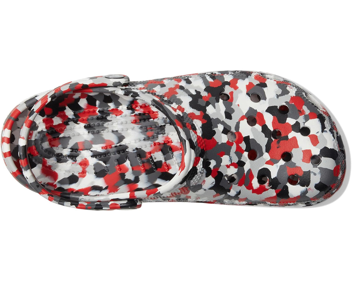 Unisex Crocs Classic graphic clogs in red, black, and white camo, side view