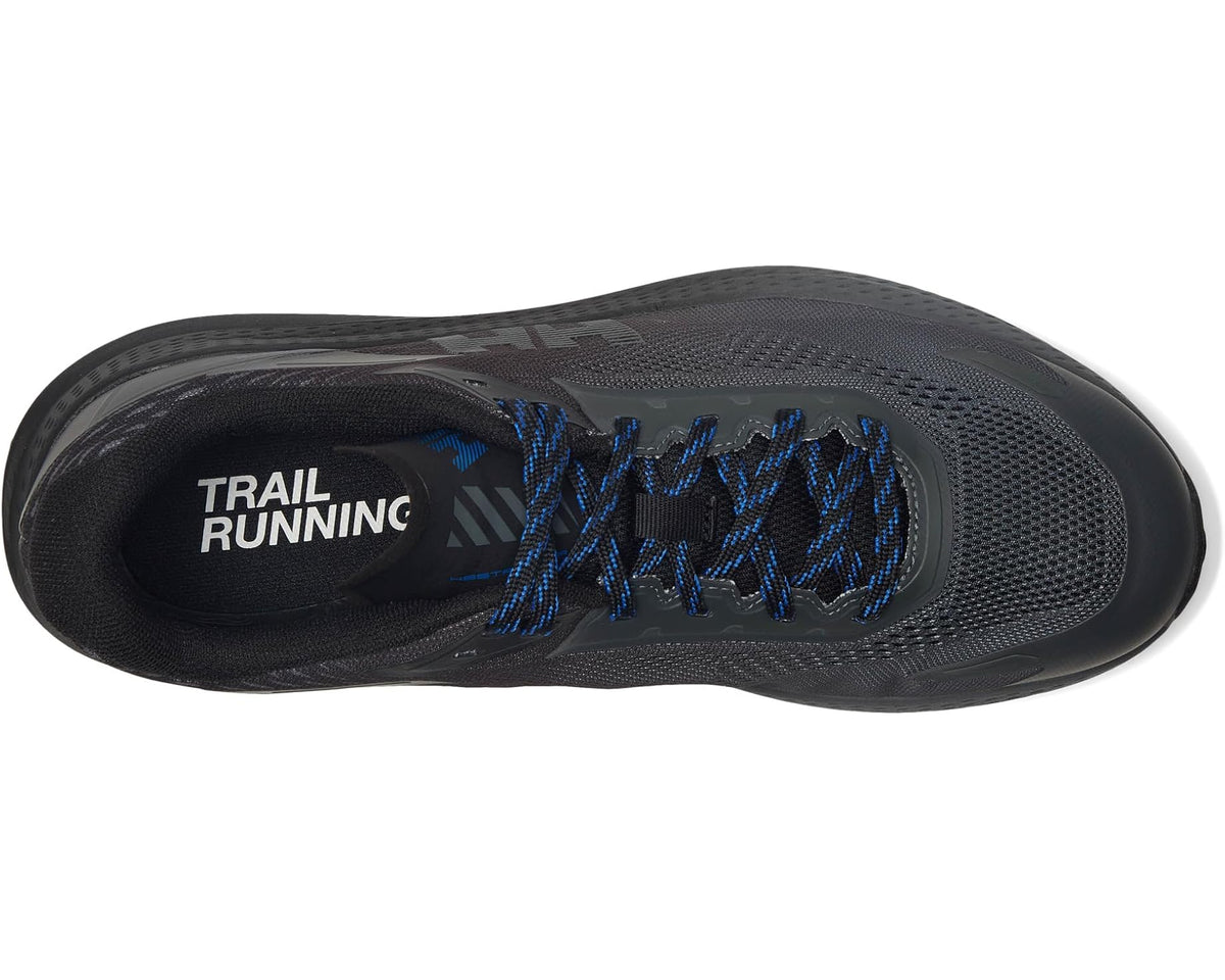 Black trail running shoe interior side view with blue laces and Trail Running label